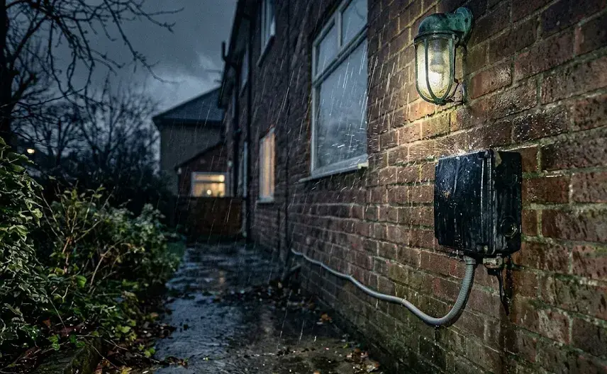 Outdoor electrical junction box in heavy winter rain, Barnet Hertfordshire domestic electrician.